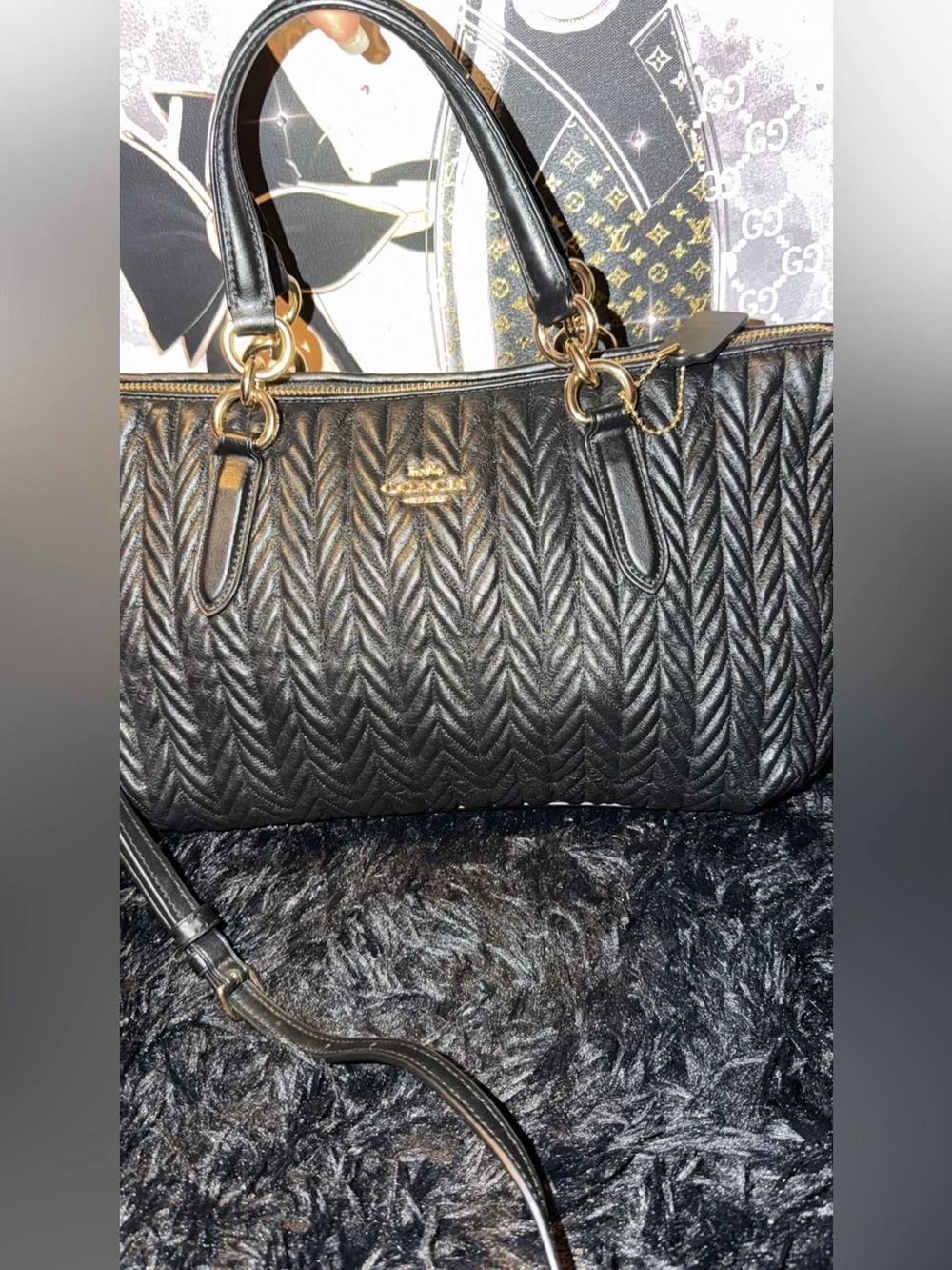 Coach Ally Black Quilted Leather Satchel with Gold Hardware